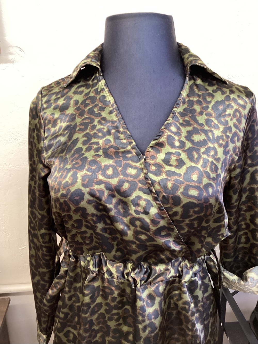 Bob Mackie Olive & Brown Leopard Print Long Sleeve Wrap Dress